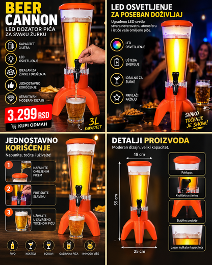 LED Speaker Beer Cannon 3 L – Dispanzer za Piće sa LED Efektom i Zvučnikom