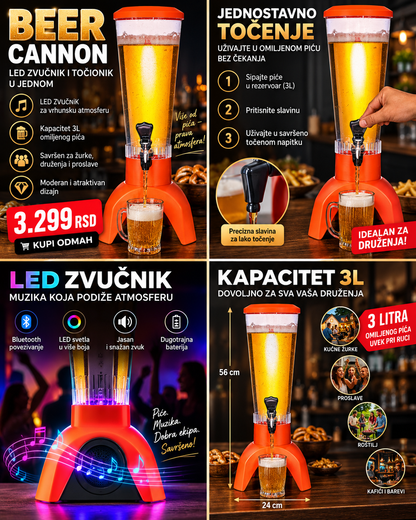 LED Speaker Beer Cannon 3 L – Dispanzer za Piće sa LED Efektom i Zvučnikom