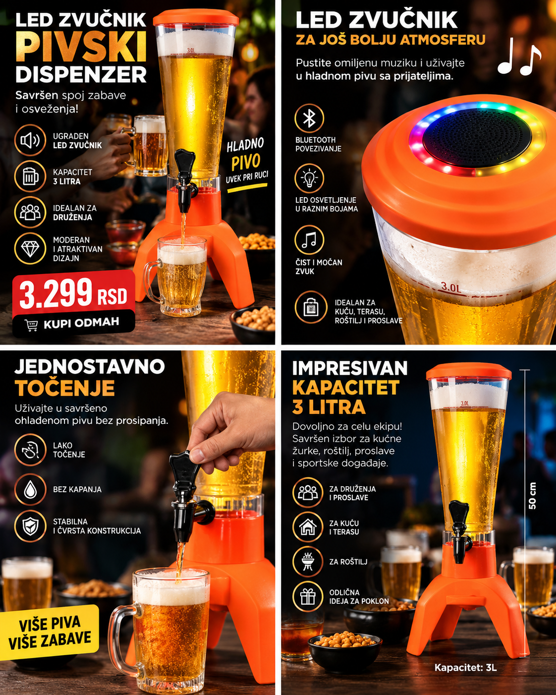 LED Speaker Beer Cannon 3 L – Dispanzer za Piće sa LED Efektom i Zvučnikom