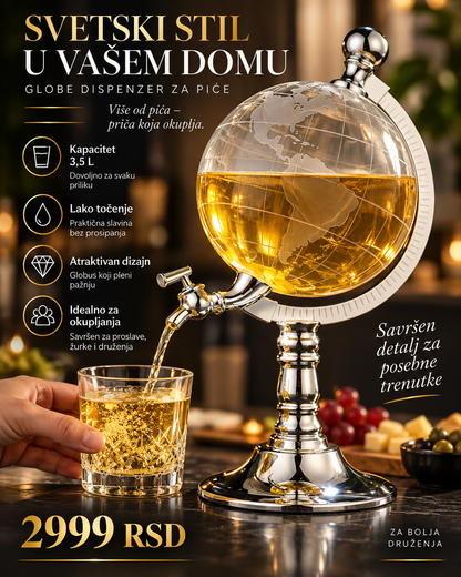 Globe Drink Dispenser 3,5 L – Premium Dispanzer za Piće sa Slavininom i Dekorativnim Globus Dizajnom