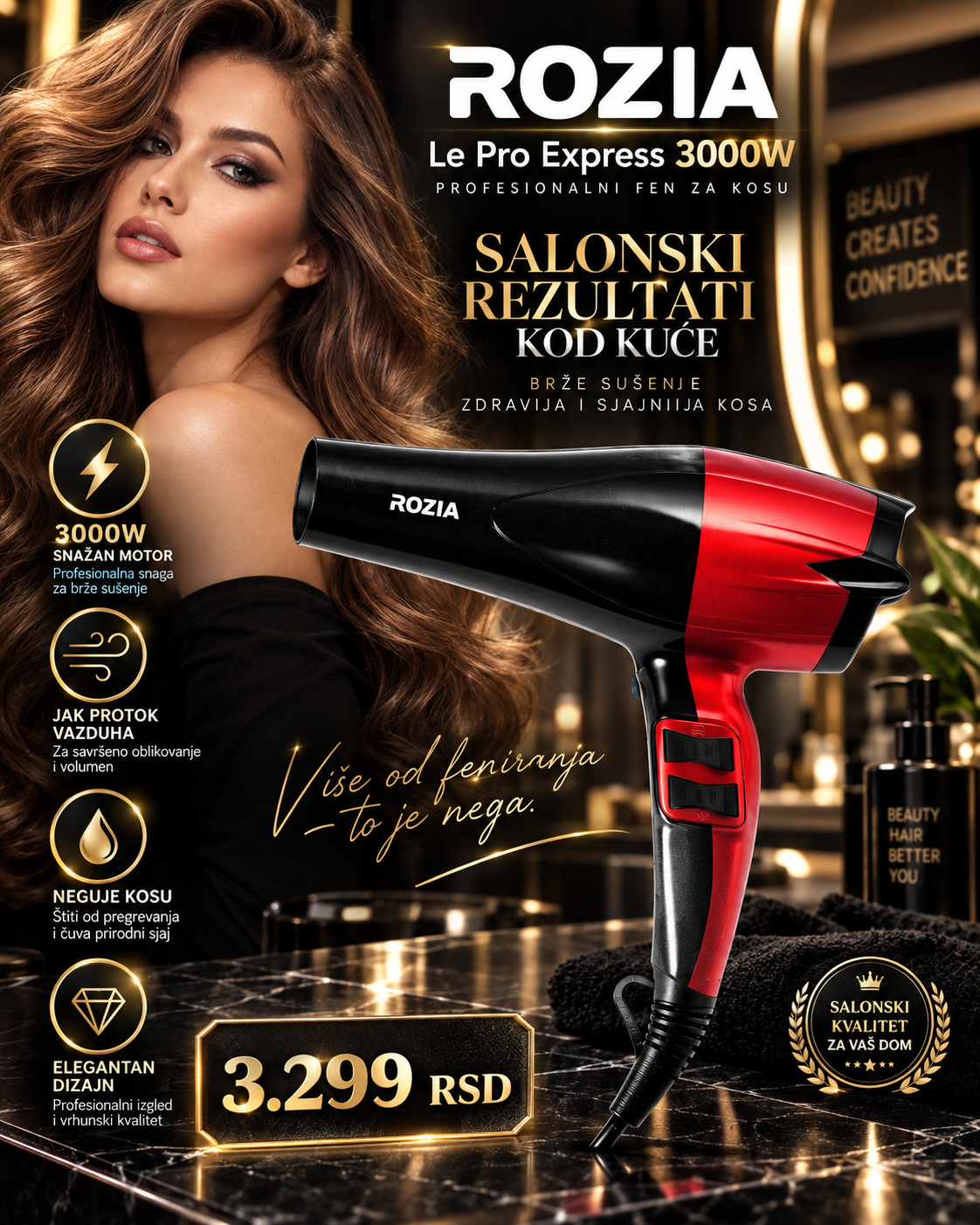 ROZIA Le Pro Express 3000W – Profesionalni Fen sa AC Motorom i Snažnim Protokom Vazduha