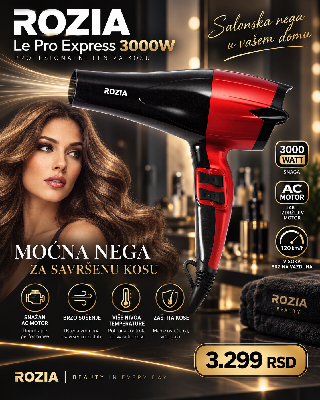 ROZIA Le Pro Express 3000W – Profesionalni Fen sa AC Motorom i Snažnim Protokom Vazduha