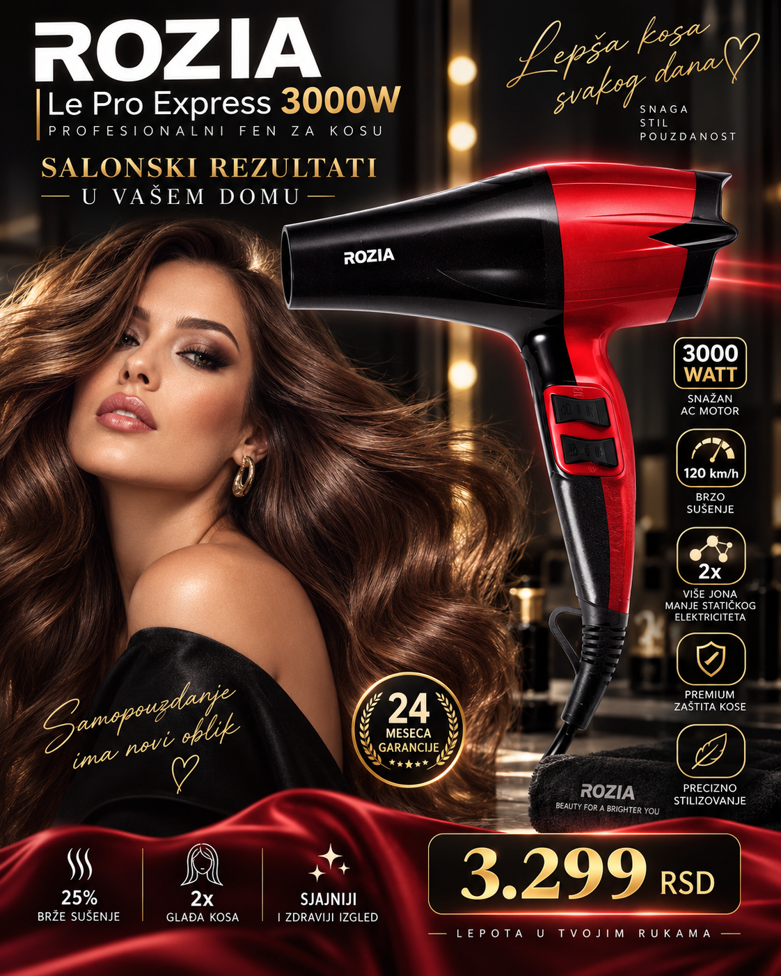 ROZIA Le Pro Express 3000W – Profesionalni Fen sa AC Motorom i Snažnim Protokom Vazduha