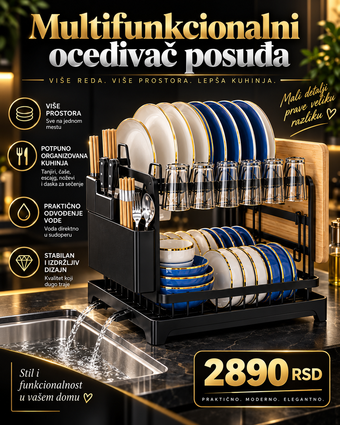 Multifunkcionalni Oceđivač Posuđa – Organizator za Tanjire, Čaše, Pribor i Daske