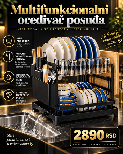 Multifunkcionalni Oceđivač Posuđa – Organizator za Tanjire, Čaše, Pribor i Daske