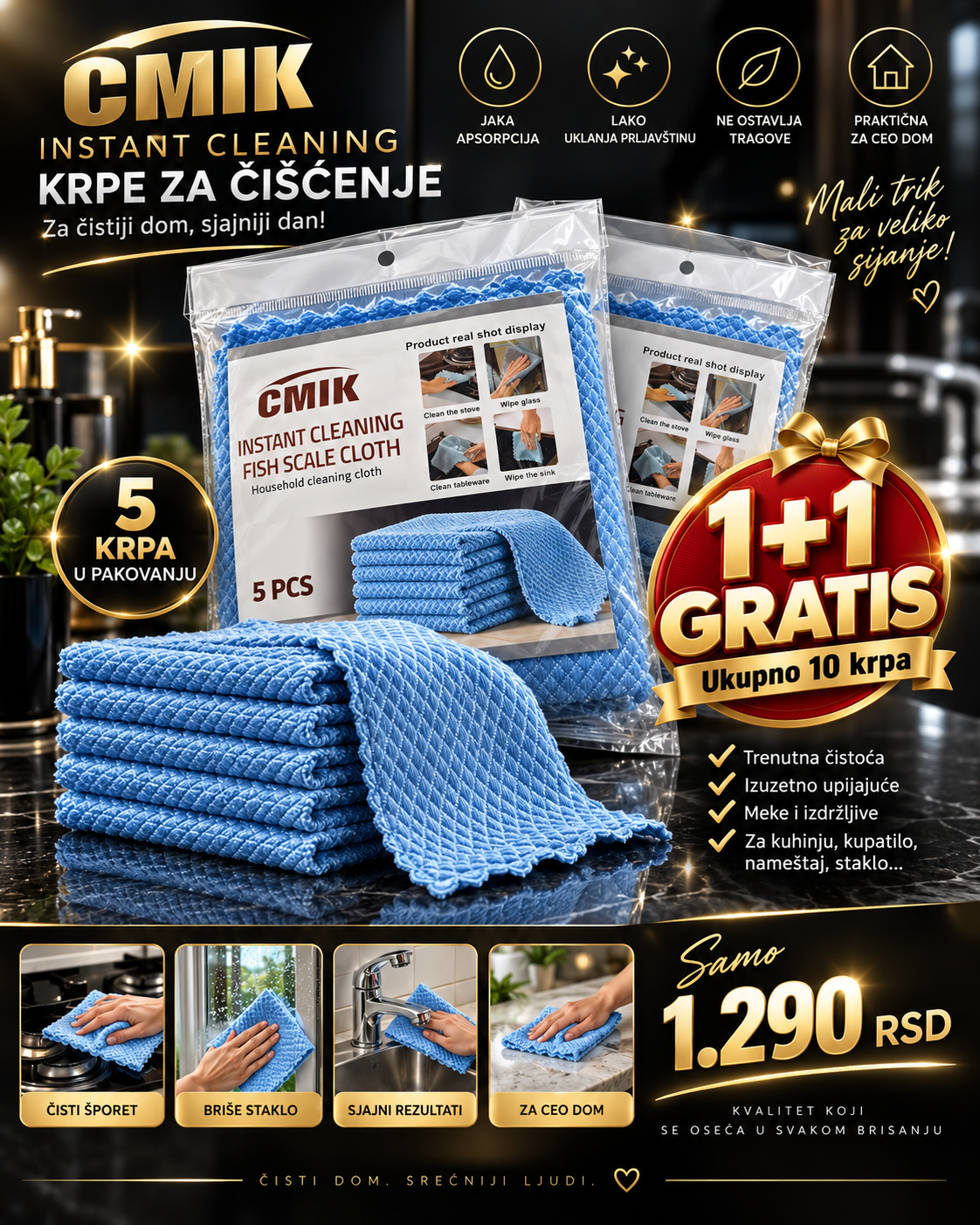 Premium Krpe za Čišćenje 5+5 GRATIS – 10 Višenamenskih Krpa za Kuhinju, Staklo i Dom