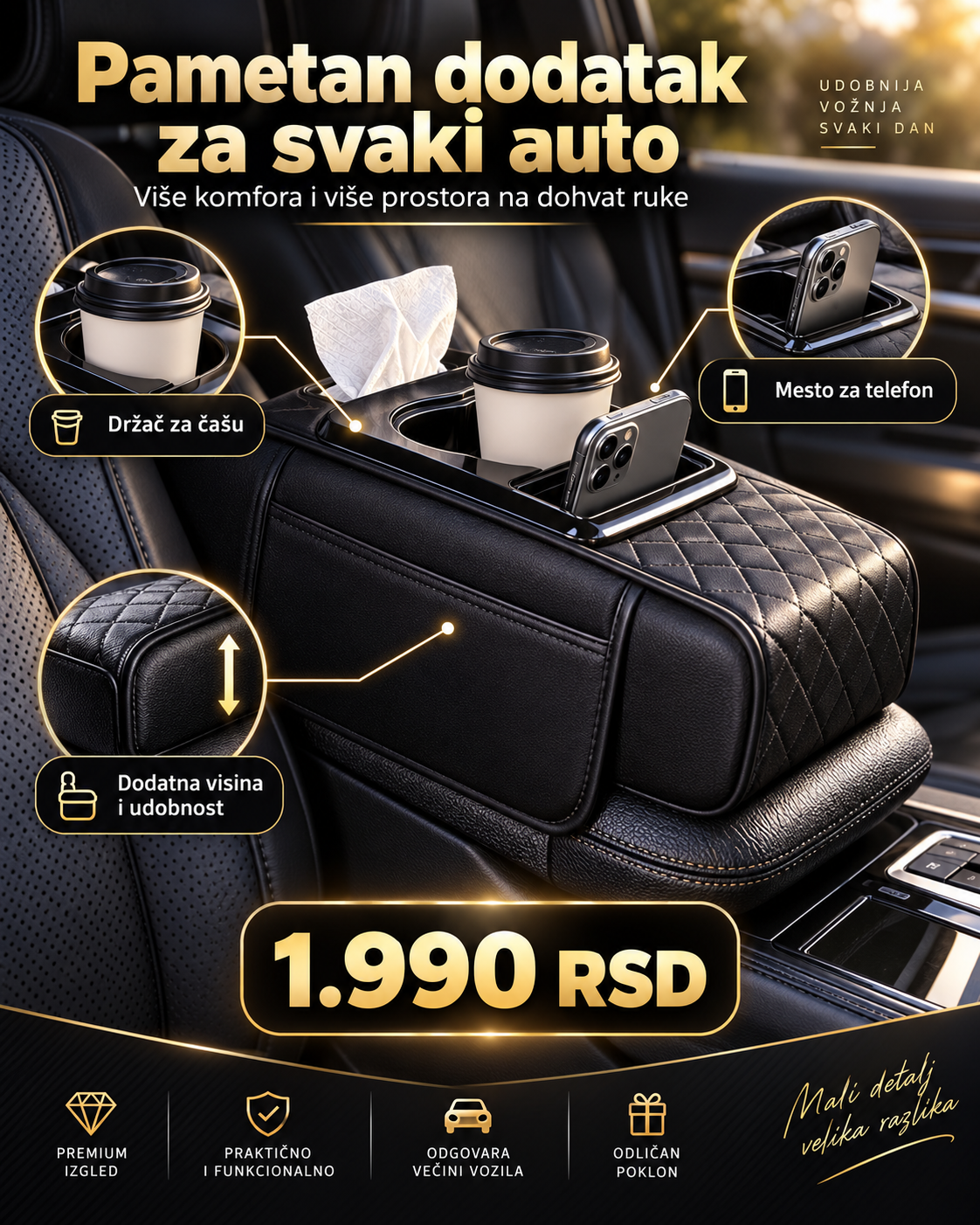 Premium Naslon za Ruku za Auto – Organizator sa Držačem za Čašu, Telefon i Dodatnim Prostorom