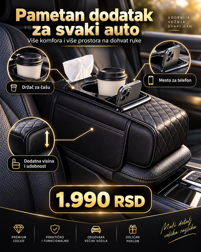 Premium Naslon za Ruku za Auto – Organizator sa Držačem za Čašu, Telefon i Dodatnim Prostorom