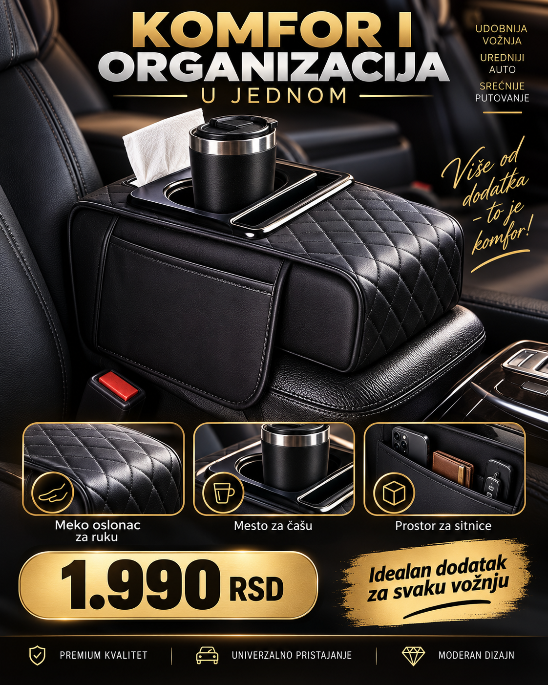 Premium Naslon za Ruku za Auto – Organizator sa Držačem za Čašu, Telefon i Dodatnim Prostorom