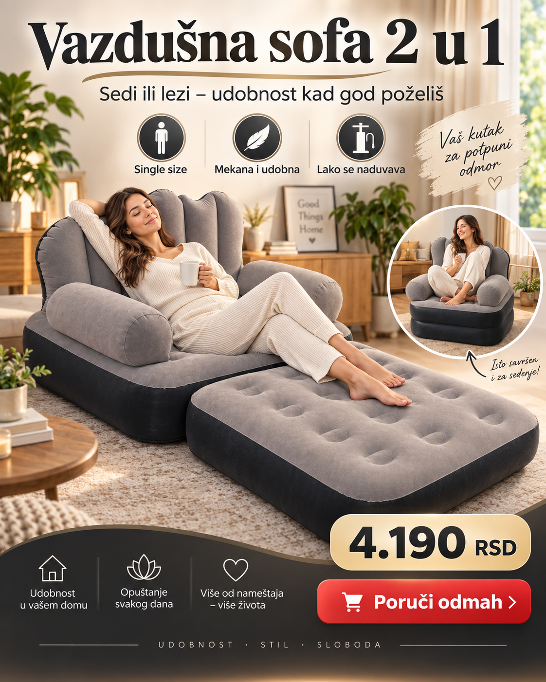 Vazdušna Sofa 2 u 1 Single Size – Fotelja i Ležaj za Odmor, Gostе i Putovanja