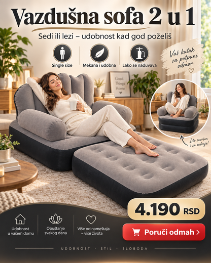 Vazdušna Sofa 2 u 1 Single Size – Fotelja i Ležaj za Odmor, Gostе i Putovanja
