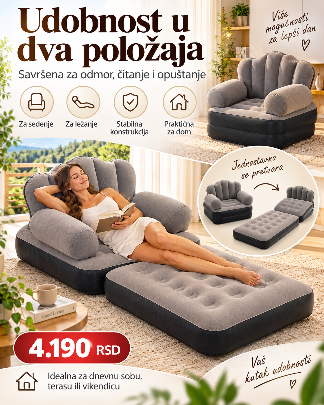 Vazdušna Sofa 2 u 1 Single Size – Fotelja i Ležaj za Odmor, Gostе i Putovanja