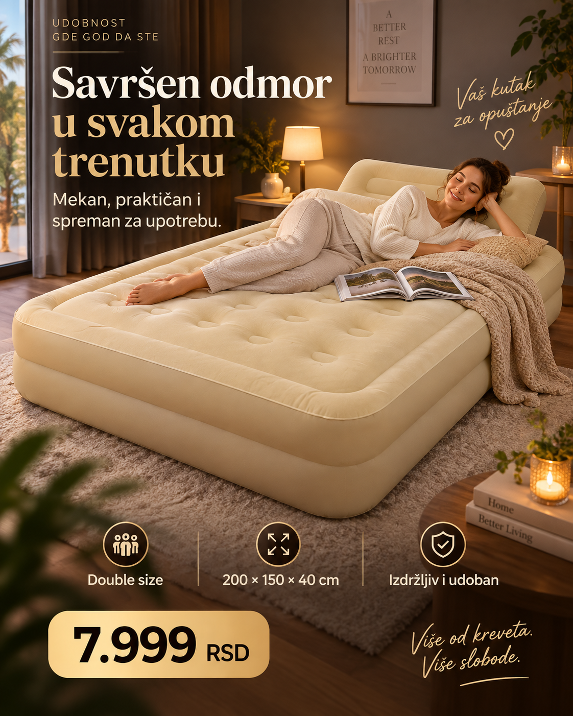 Leedsooy Vazdušni Krevet Double Size 200 × 150 × 40 cm – Visoki Dupli Krevet na Naduvavanje
