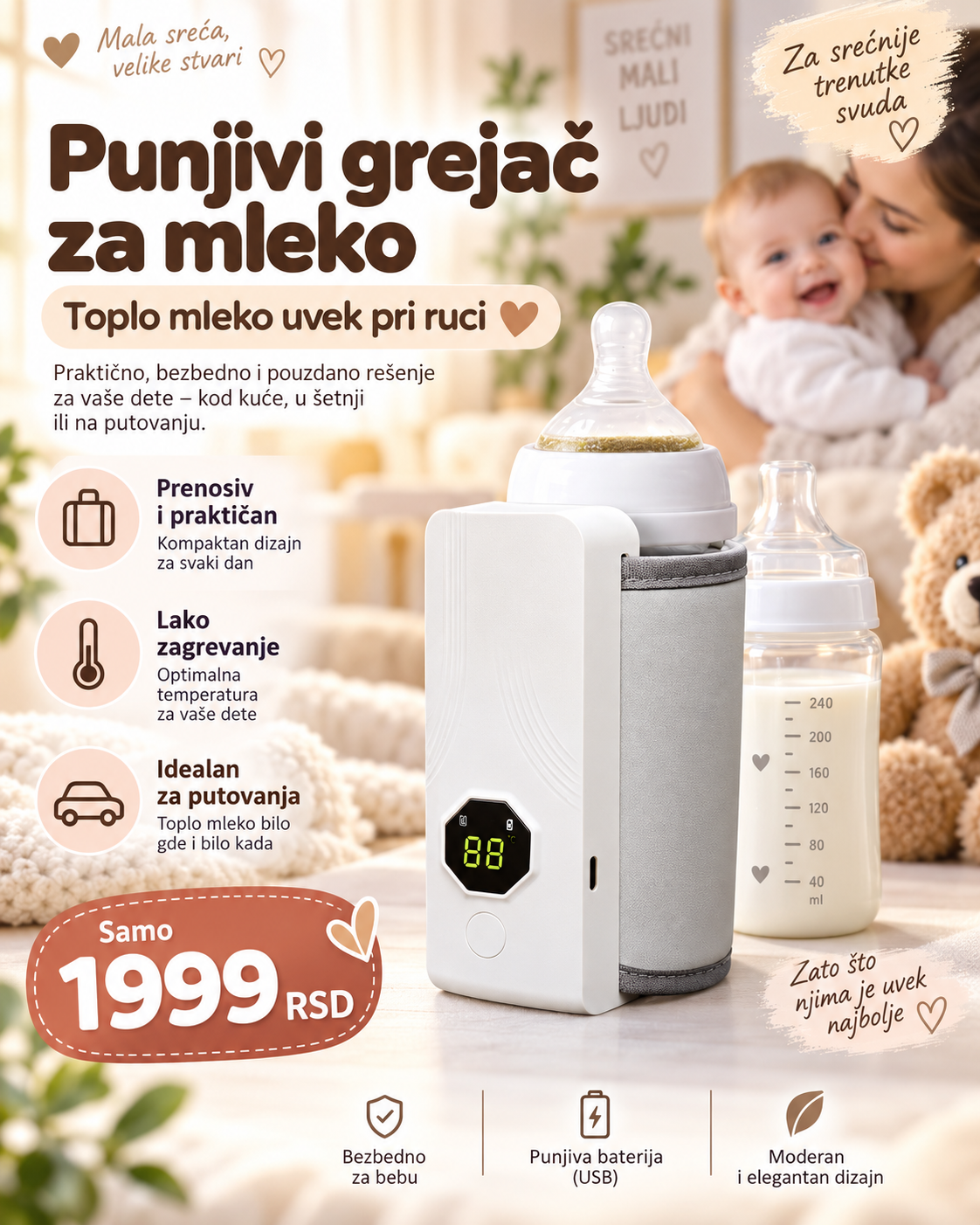 Prenosivi Punjivi Grejač za Flašicu – Digitalni Grejač za Mleko i Napitke