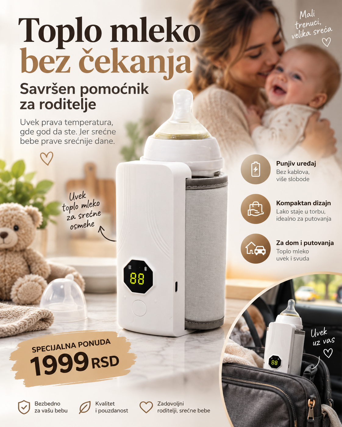 Prenosivi Punjivi Grejač za Flašicu – Digitalni Grejač za Mleko i Napitke
