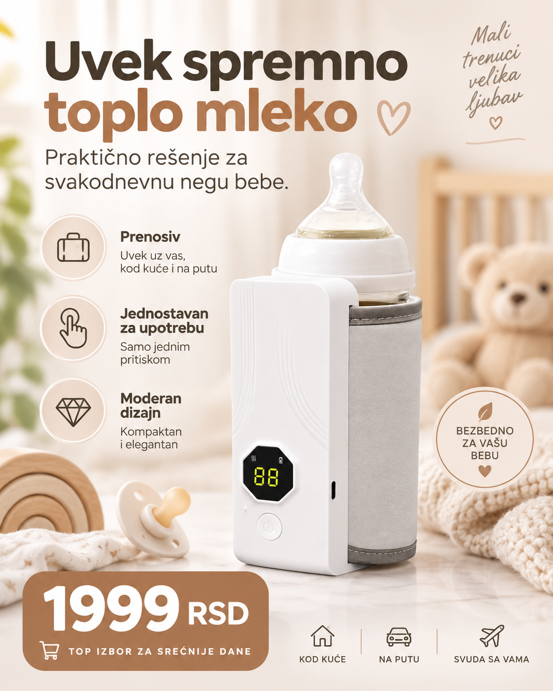 Prenosivi Punjivi Grejač za Flašicu – Digitalni Grejač za Mleko i Napitke