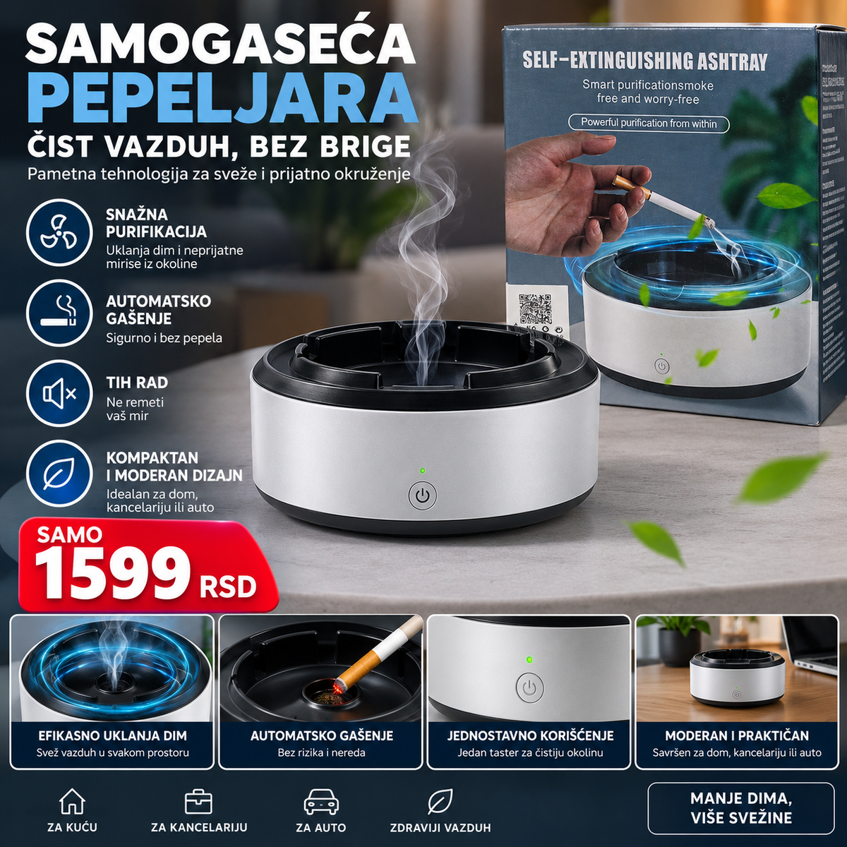 Samogaseća pepeljara sa filterom za apsorpciju dima i neprijatnih mirisa -- PREMIUM DELUXE -- Top Shop Plus