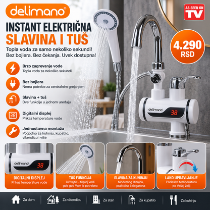Delimano Instant Električna Slavina sa Tušem – Trenutno Zagrevanje Vode i Digitalni Prikaz Temperature