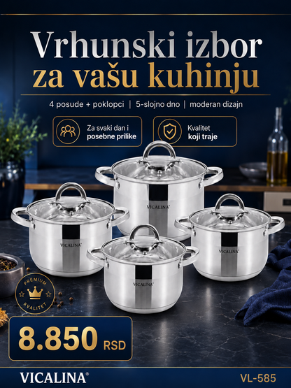 VICALINA VL-585 Premium set šerpi 4/1 – nerđajući čelik, 5-slojno dno i stakleni poklopci