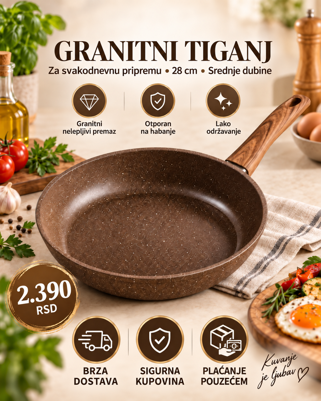 Granitni tiganj 28 cm za svakodnevno prženje i pripremu obroka -- PREMIUM DELUXE -- Top Shop Plus