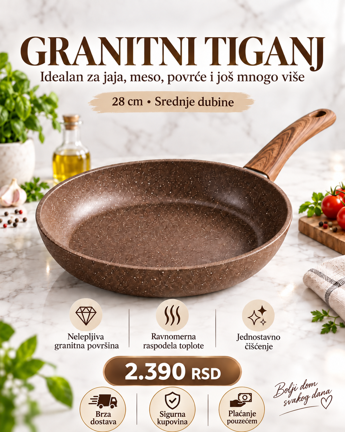Granitni tiganj 28 cm za svakodnevno prženje i pripremu obroka -- PREMIUM DELUXE -- Top Shop Plus
