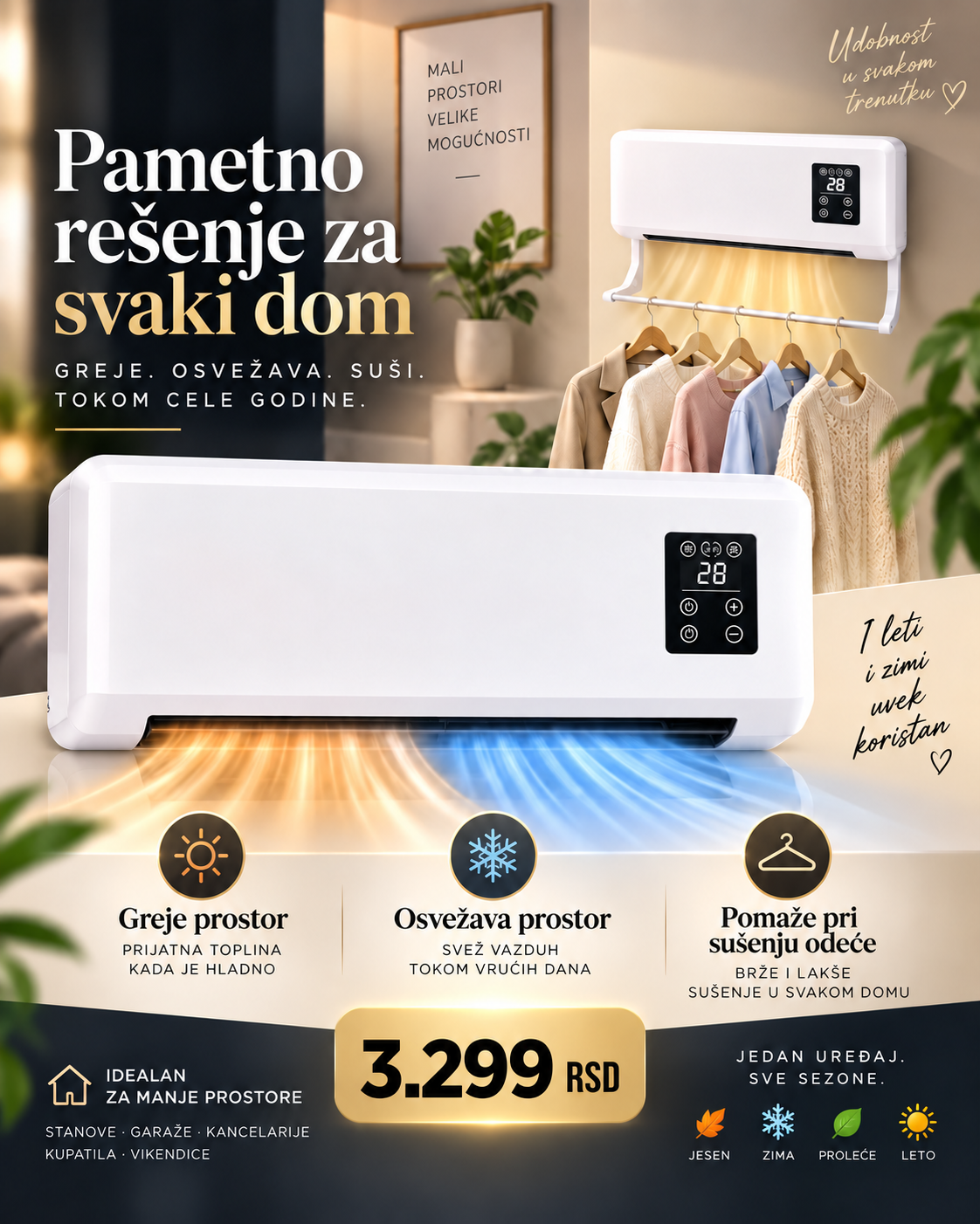 Zidna 2u1 grejalica 2000W sa ventilacijom i šipkom za sušenje odeće