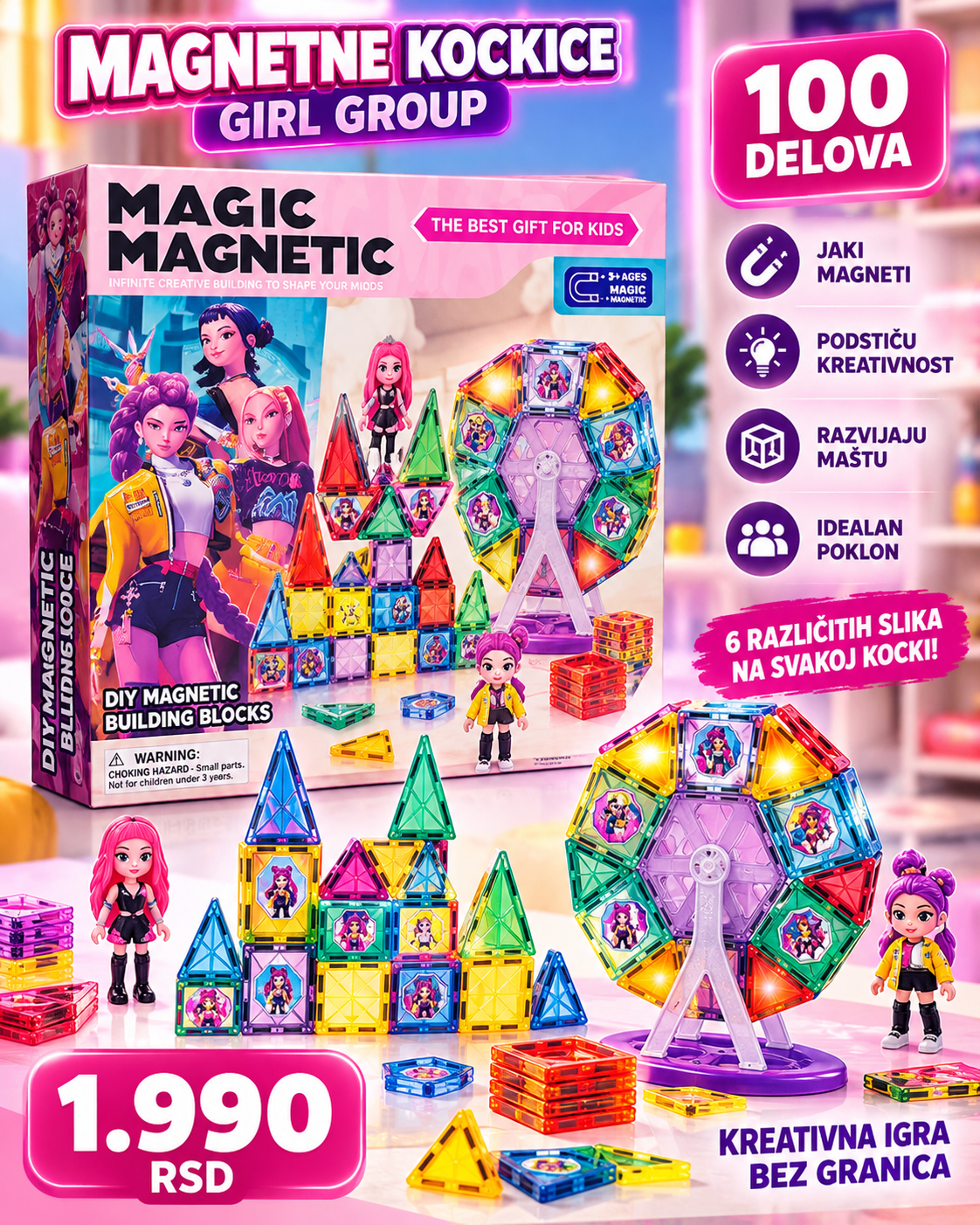 Magnetne kockice za razvoj mašte i kreativne igre -- PREMIUM DELUXE -- Magic Magnetic 100 delova
