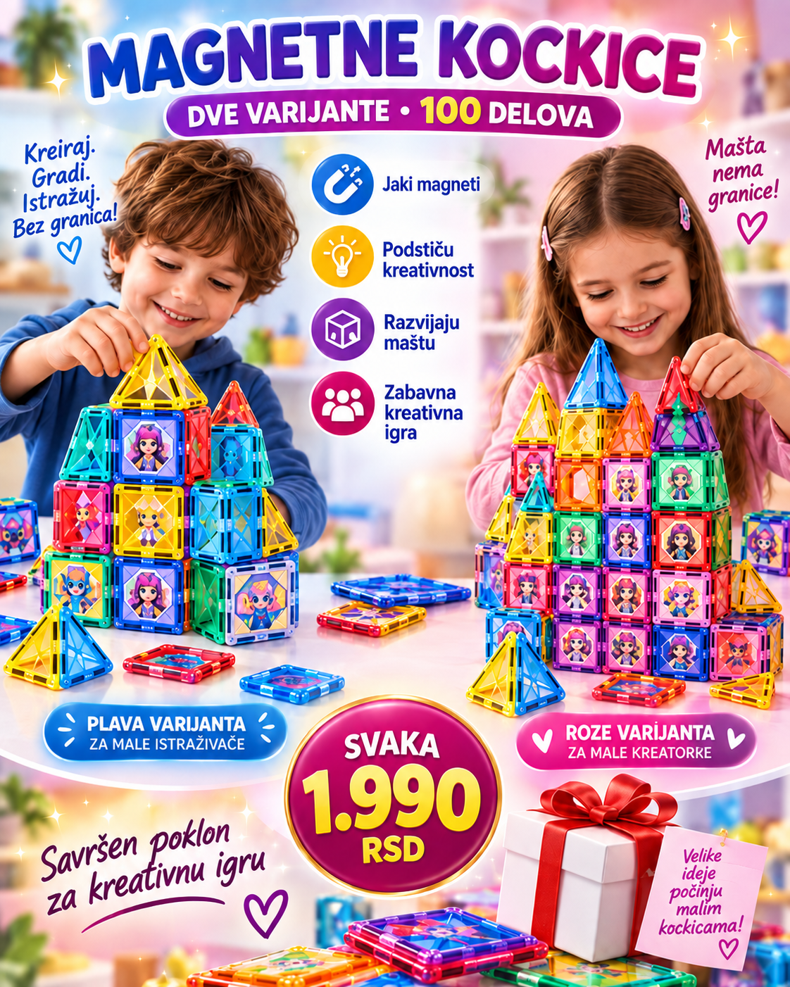Magnetne kockice za razvoj mašte i kreativne igre -- PREMIUM DELUXE -- Magic Magnetic 100 delova