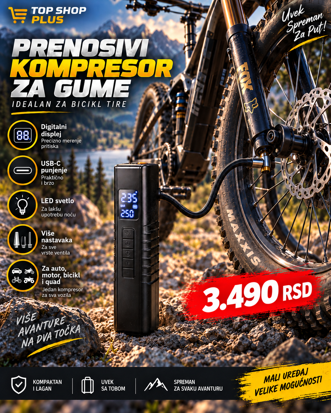 Prenosivi digitalni kompresor za gume – USB-C, LED svetlo i digitalni displej