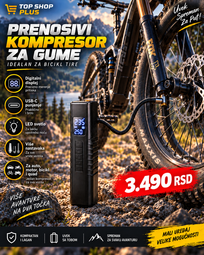 Prenosivi digitalni kompresor za gume – USB-C, LED svetlo i digitalni displej