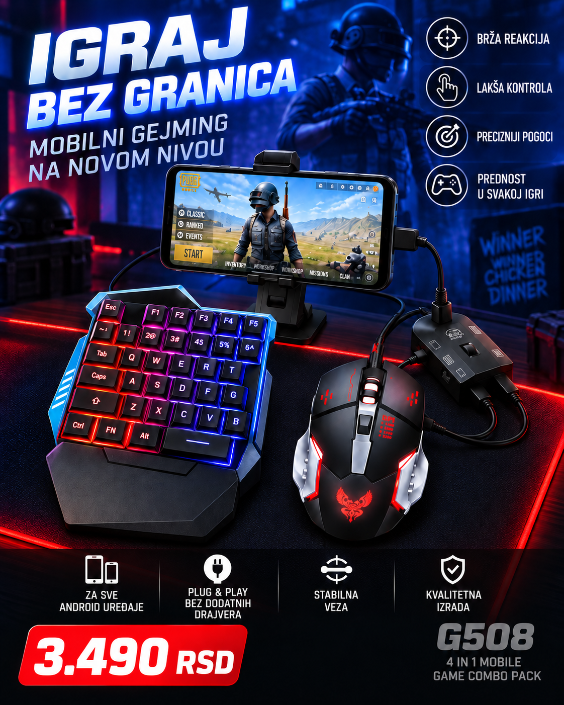 G508 4u1 Mobilni Gaming Combo Set – RGB tastatura, miš, konverter i držač za telefon