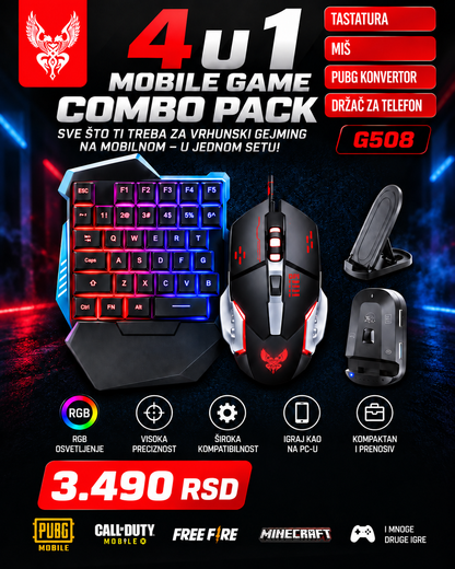 G508 4u1 Mobilni Gaming Combo Set – RGB tastatura, miš, konverter i držač za telefon