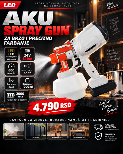 Aku pištolj za farbanje 24V sa LED svetlom – 1200 ml | Bežični Spray Gun