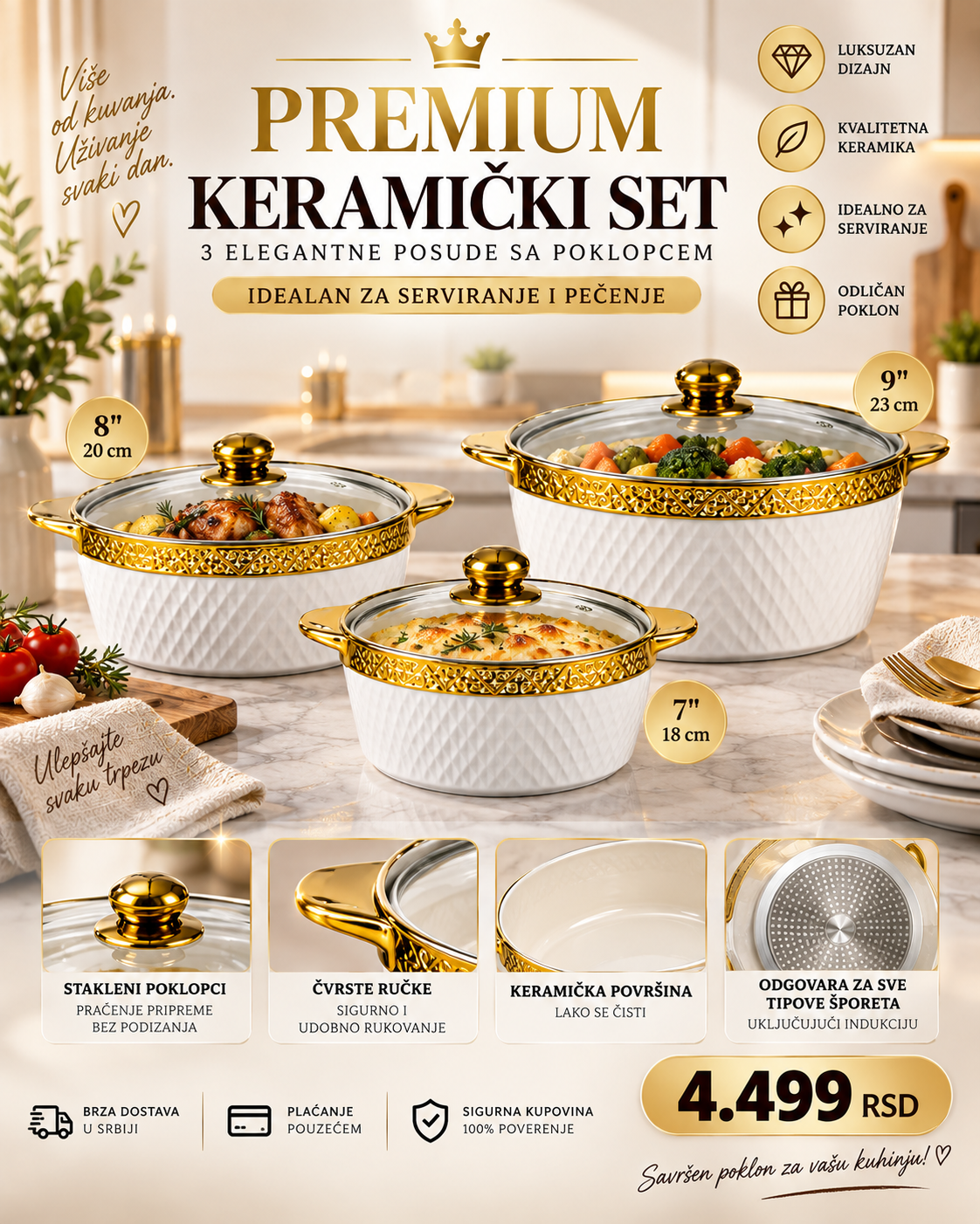 Premium Keramički Set Šerpi 3/1 – 7", 8" i 9" | Belo-Zlatni Dizajn