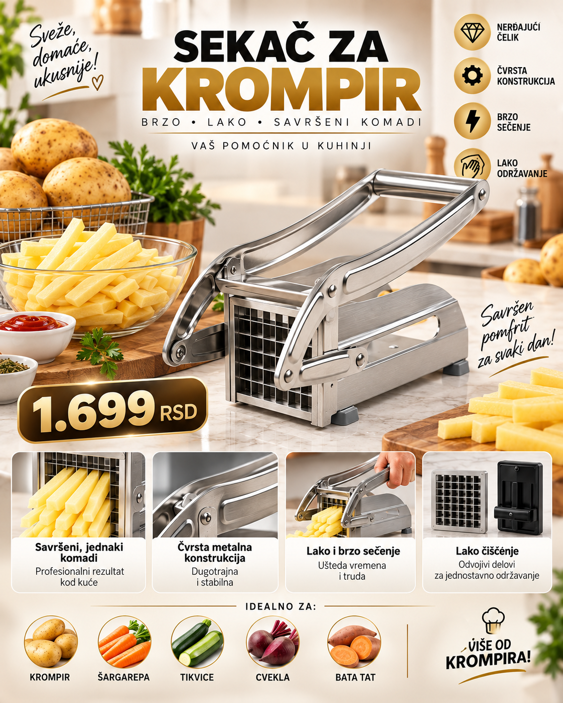 Potato Chipper – Ručni Secko za Pomfrit | Brzo i Jednako Sečenje Krompira