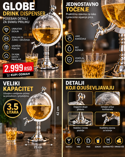 Globe Drink Dispenser 3,5 L – Premium Dispanzer za Piće sa Slavininom i Dekorativnim Globus Dizajnom