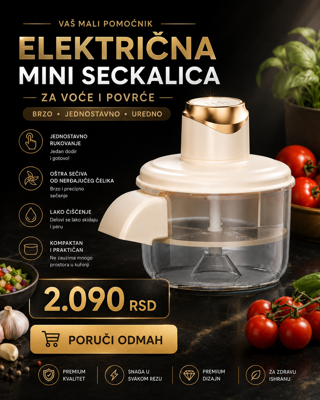 Električna mini seckalica na punjivu bateriju – za voće, povrće, meso i orašaste plodove | 500 ml