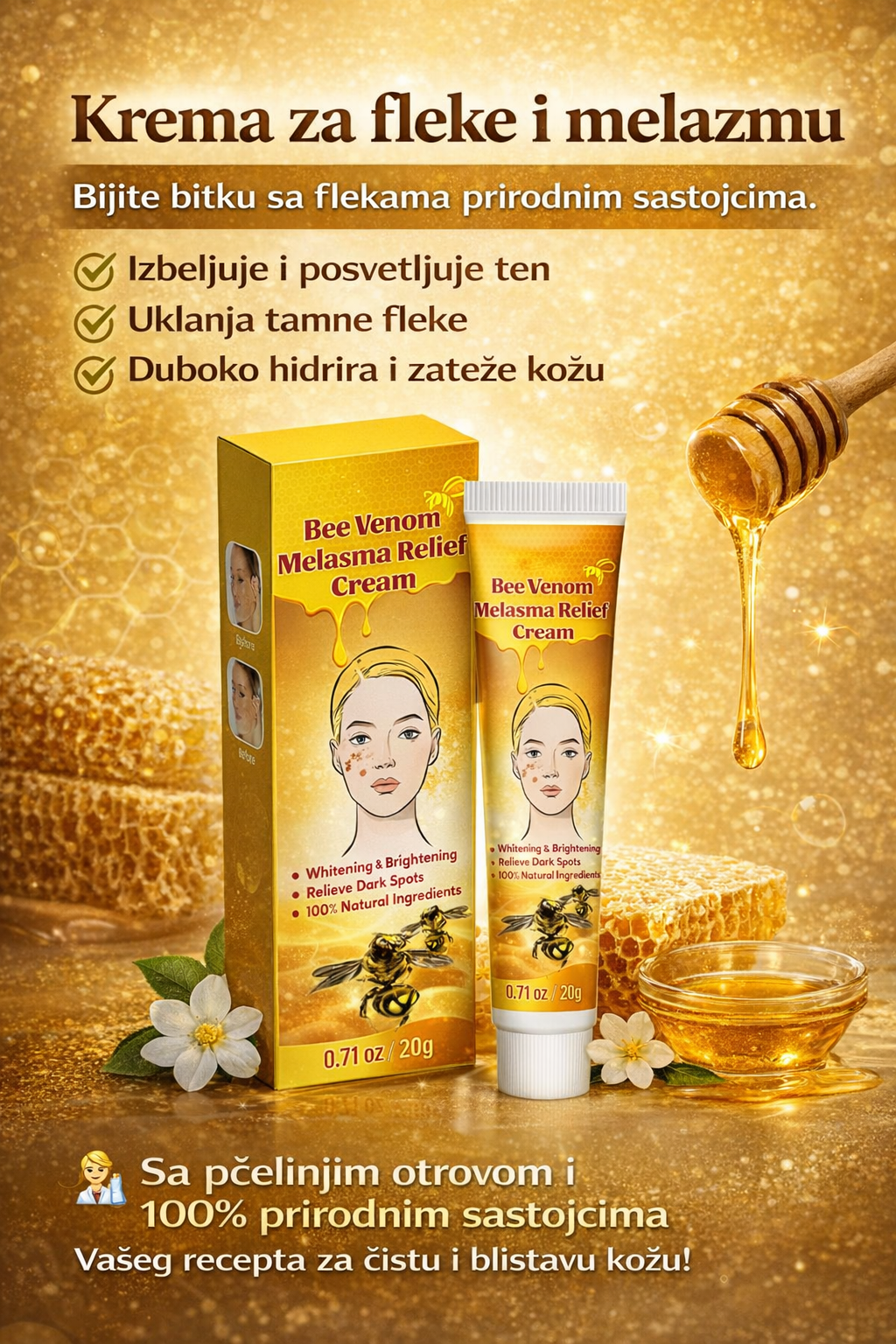 Krema sa pčelinjim otrovom protiv fleka i hiperpigmentacije 1+1 Gratis