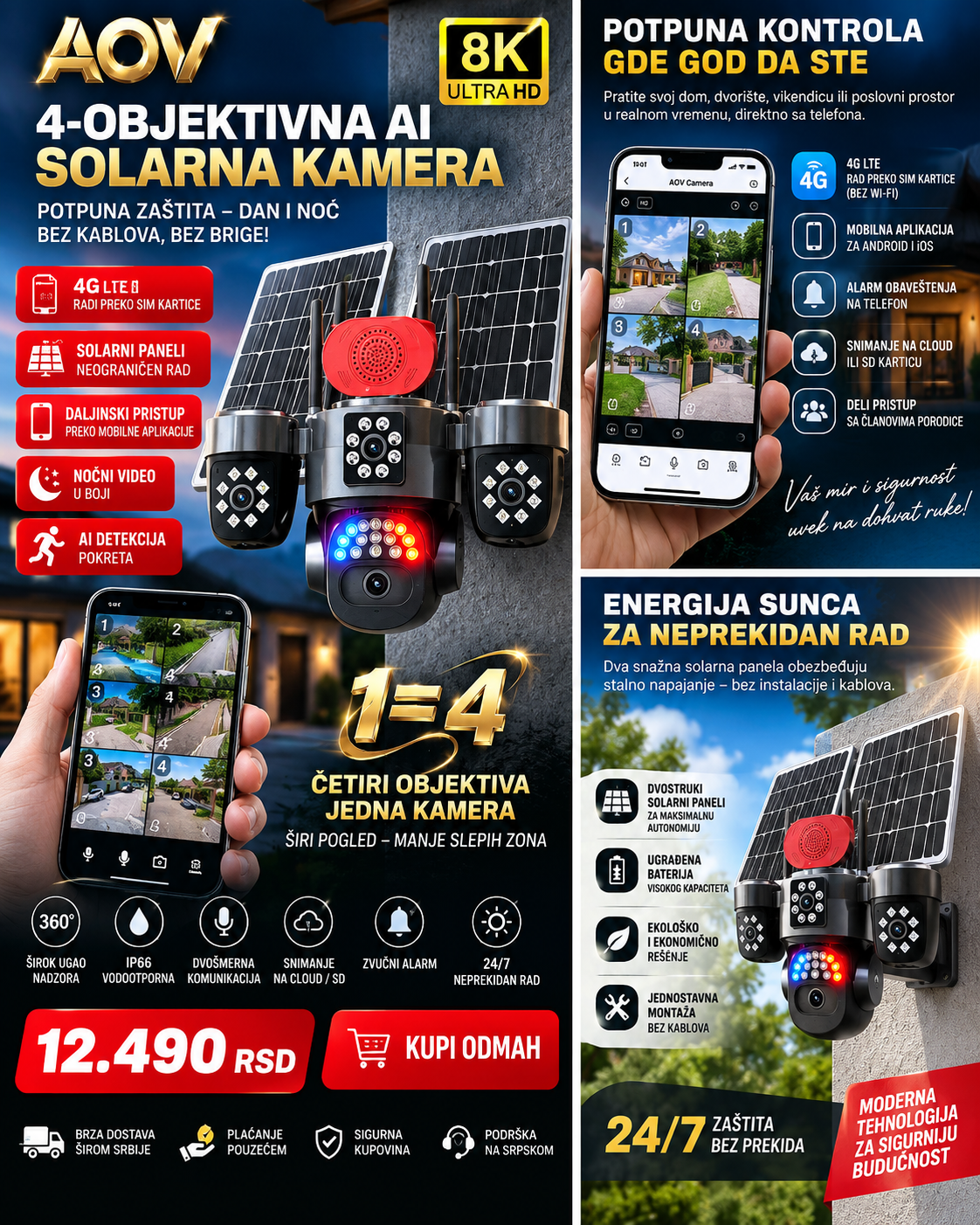 AOV AI Solarna 4G kamera sa 4 objektiva – 360° video nadzor