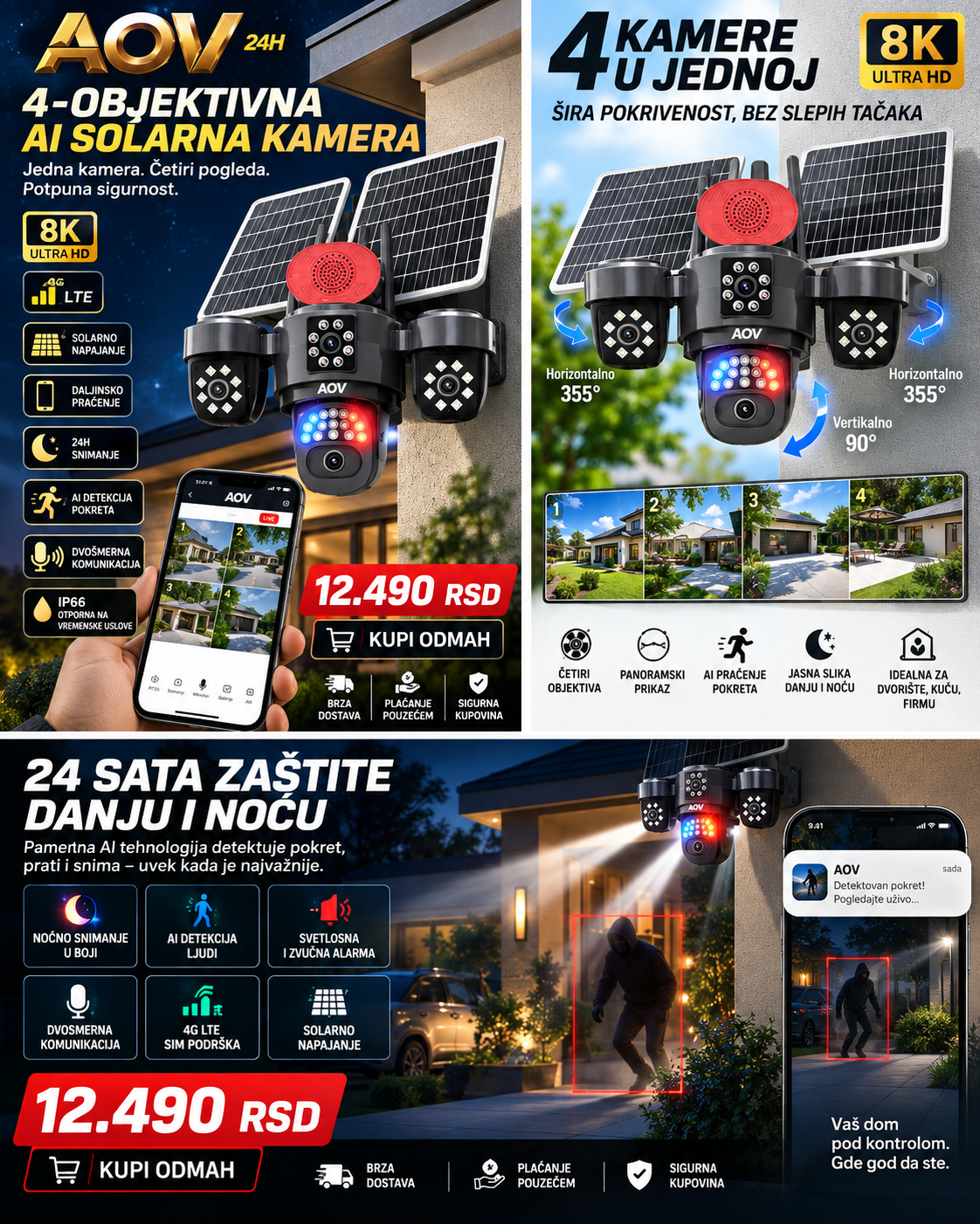 AOV AI Solarna 4G kamera sa 4 objektiva – 360° video nadzor