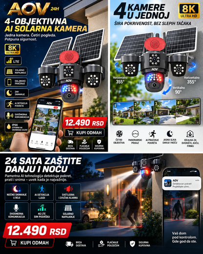 AOV AI Solarna 4G kamera sa 4 objektiva – 360° video nadzor