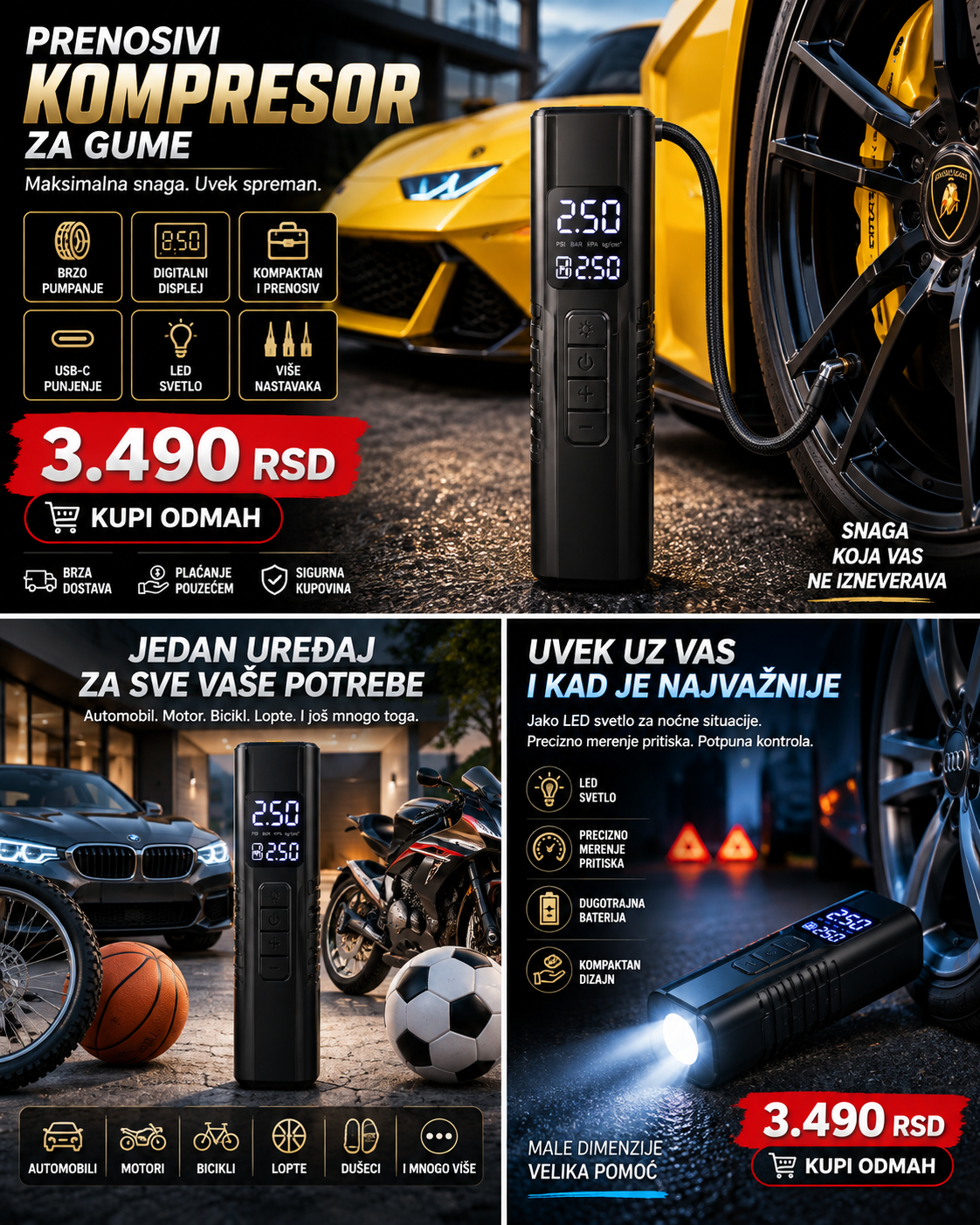 Prenosivi digitalni kompresor za gume – USB-C, LED svetlo i digitalni displej