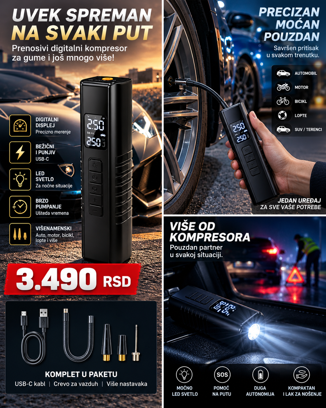 Prenosivi digitalni kompresor za gume – USB-C, LED svetlo i digitalni displej