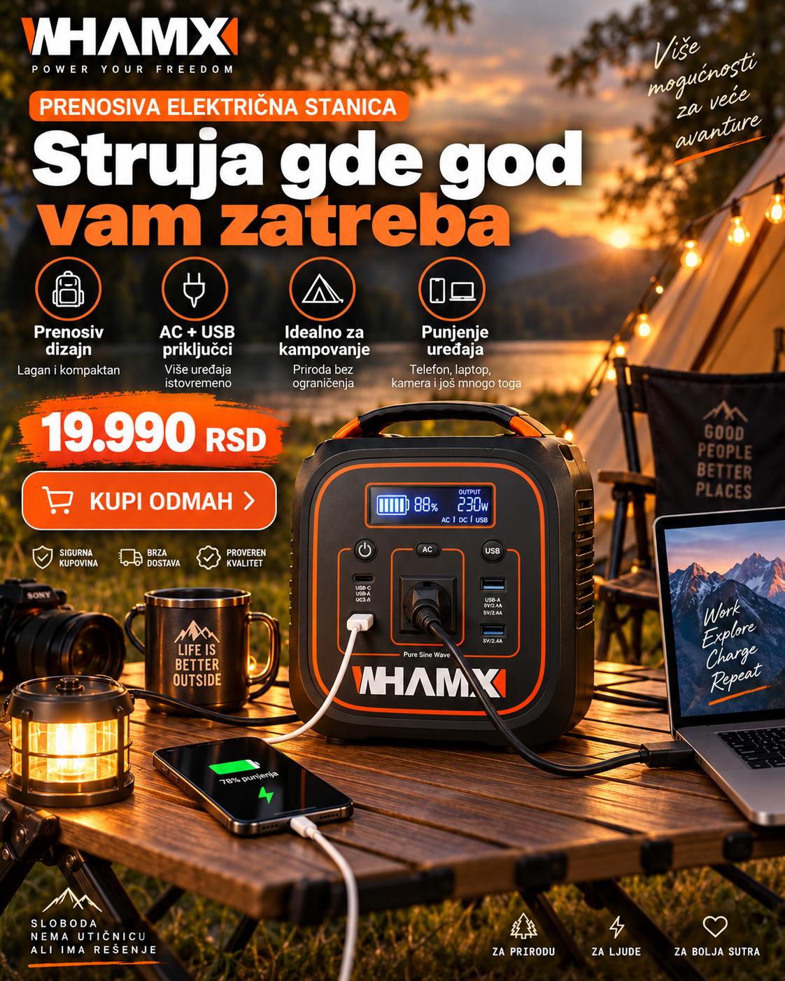 WHAMX prenosiva električna stanica – Power Station sa AC i USB izlazima