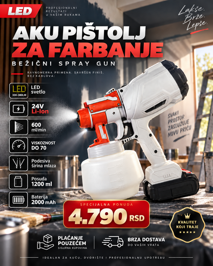 Aku pištolj za farbanje 24V sa LED svetlom – 1200 ml | Bežični Spray Gun