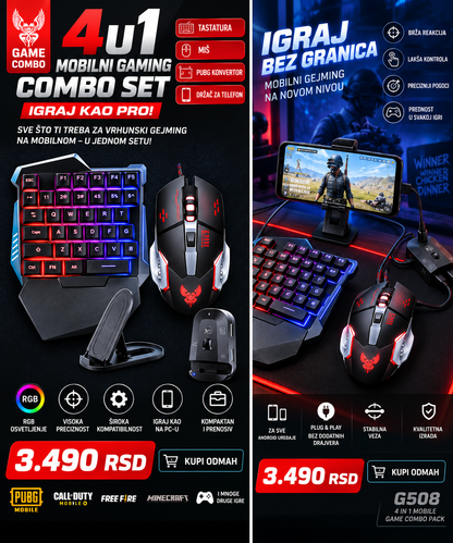 G508 4u1 Mobilni Gaming Combo Set – RGB tastatura, miš, konverter i držač za telefon