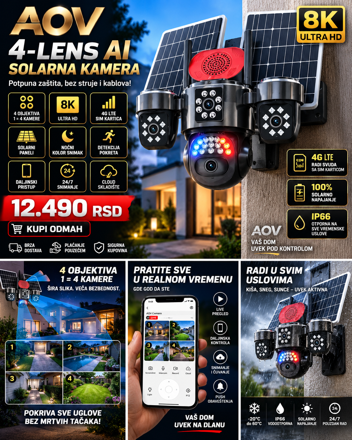 AOV AI Solarna 4G kamera sa 4 objektiva – 360° video nadzor