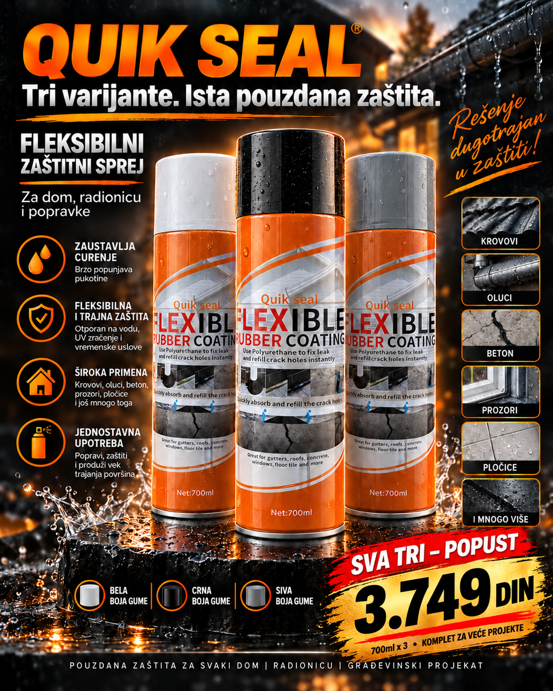Fleksibilni vodootporni sprej 700 ml za zaptivanje pukotina i zaštitu površina -- PROFESIONALNI PREMIUM -- QUIK SEAL