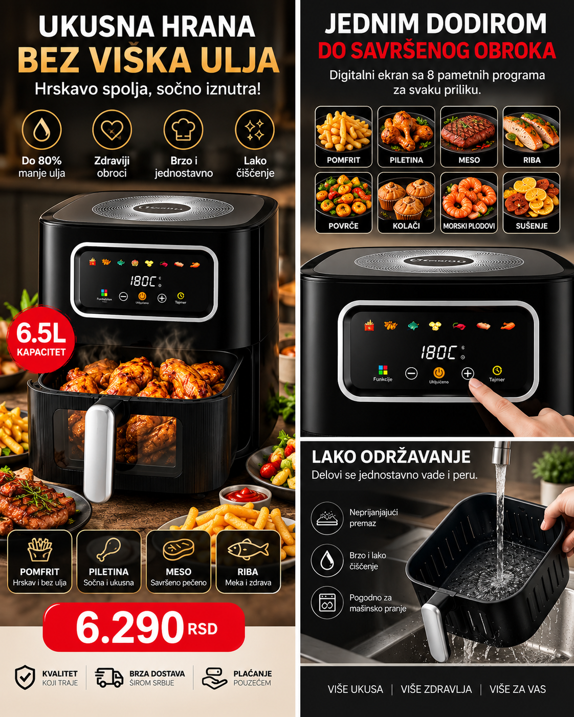 Air fryer 6,5 L digitalni ekran i programi kuvanja