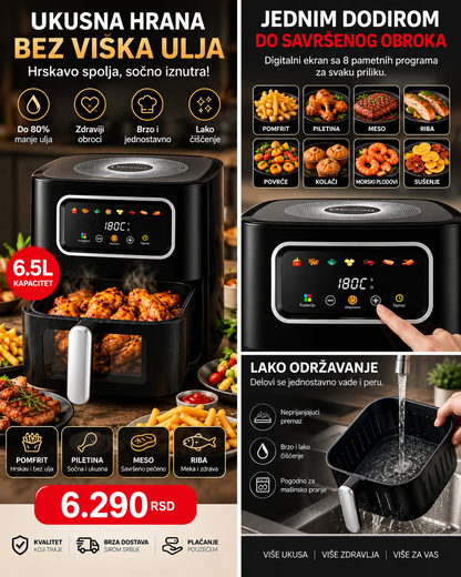 Air fryer 6,5 L digitalni ekran i programi kuvanja